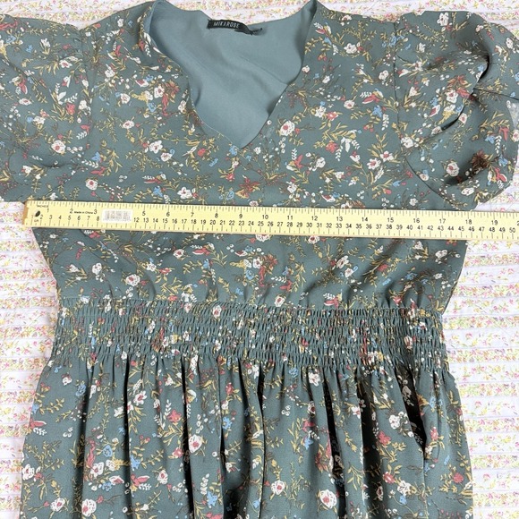 MikaRose Floral Tiered Maxi Dress Gray V-Neck Romantic Cottagecore Modest M - Picture 10 of 11